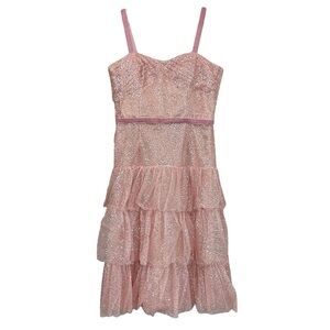 New Marchesa Notte Glitter Tulle Velvet Tiered Dress Pink 'Rose Gold' Size 8